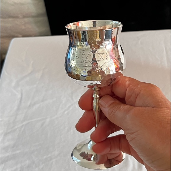 Silver Plated Hammered Kiddish Cup Goblet With Star Of David On Both Sides - Picture 9 of 10